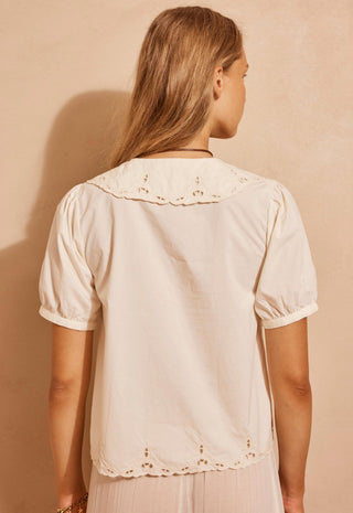 a-woman-viewed-from-the-back-wearing-a-cream-colored-short-sleeve-blouse-with-a-decorative-scalloped-yoke-and-eyelet-embroidery-paired-with-a-matching-light-skirt-against-a-textured-beige-wall