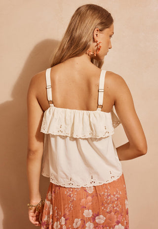 a-woman-shown-from-the-back-wearing-a-cream-eyelet-ruffled-top-with-adjustable-shoulder-straps-and-a-peach-floral-skirt-against-a-warm-beige-wall