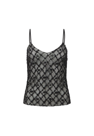 A woman wearing a black lace camisole top with sheer mesh panels