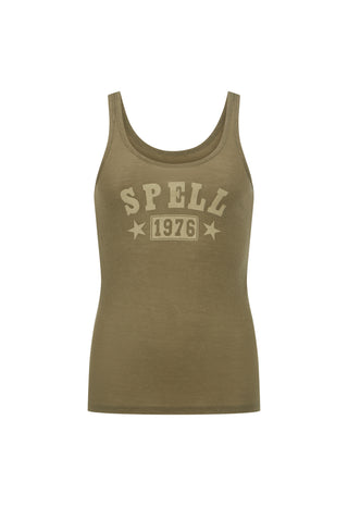 an-olive-green-sleeveless-tank-top-with-a-distressed-cream-graphic-on-the-front-reading-spell-1976-with-stars-shown-against-a-plain-white-background