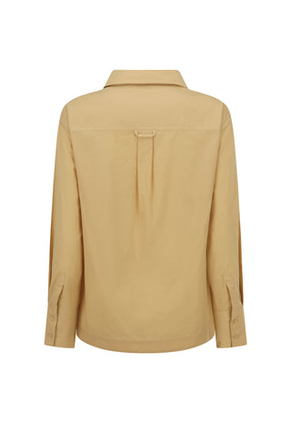 a-tan-long-sleeve-button-up-shirt-shown-from-the-back-featuring-a-central-pleat-detail-and-button-cuffs-displayed-on-a-clean-white-background