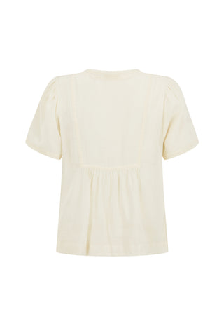 a-cream-colored-short-sleeve-blouse-with-a-gathered-peplum-waist-and-puffed-shoulders-shown-from-the-back-on-a-plain-white-background