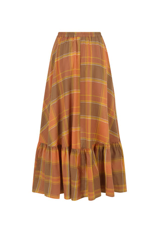a-plaid-midi-skirt-in-warm-orange-brown-and-yellow-tones-featuring-an-elastic-waistband-and-a-ruffled-hem-shown-against-a-plain-white-background
