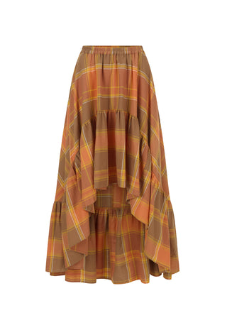 a-tiered-high-low-ruffled-skirt-in-a-brown-and-orange-plaid-pattern-with-yellow-and-white-accent-lines-shown-against-a-plain-white-background