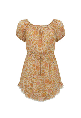 a-short-sleeve-peplum-dress-with-an-allover-floral-pattern-in-shades-of-orange-yellow-and-beige-featuring-a-smocked-bodice-and-drawstring-waist