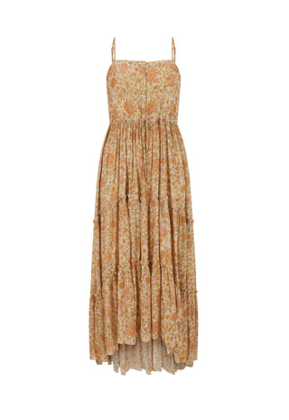 a-sleeveless-tiered-maxi-dress-with-thin-spaghetti-straps-featuring-a-smocked-bodice-and-an-all-over-abstract-floral-print-in-warm-mustard-yellow-orange-and-beige-tones-shown-against-a-plain-white-background